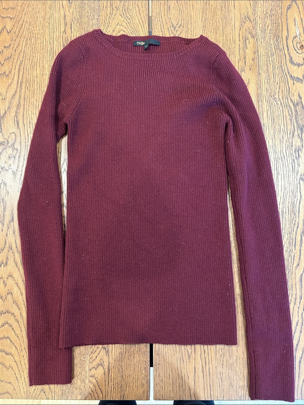 Maje Ribbed Crewneck Sweater in Burgundy